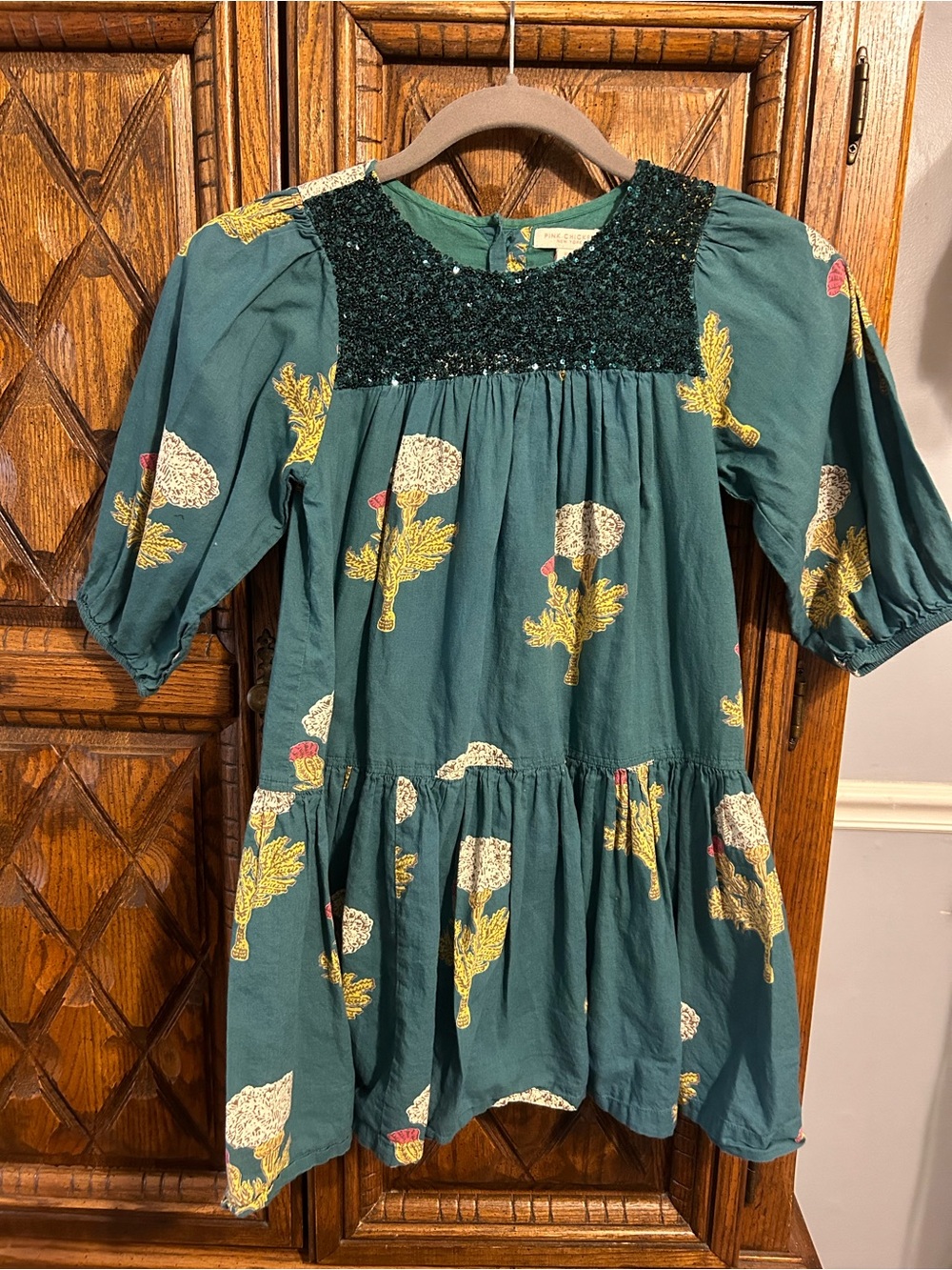 Pink Chicken Teal Green Floral Smocked Dress